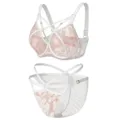 Plus size lace bra and panty set with trendy strappy cross design for women comfortable support. - 95H / Top And Bottom / Cream/Pink