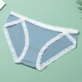 Solid color women's cotton mid-waist breathable high cut briefs with cute lace trim details. - S / Bottoms / Blue