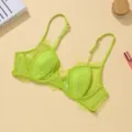 Neon green lace bra detail view, adjustable strap and sheer floral cup, intimate apparel. - 70B / Mustard Green
