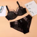 Plus size black lace bra and panty set, thin full cup underwear for women, elegant lingerie. - 75B / Top And Bottom / Black