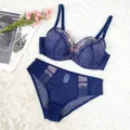 Plus size blue lace bra and panties set, comfortable thin cup underwear for women. - 95H / Top And Bottom / Sapphire Blue