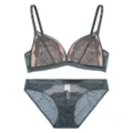 Donkergroene Franse kanten BH en slip set, comfortabele draadloze lingerie voor dames. - S / Set / Donkergroen