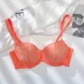 French lace color-block bra, soft underwire gathering mesh summer thin bralette for women. - 70B / Orange/Nude