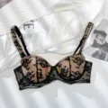 French lace contrast color bra, thin mesh wireless push up lingerie for women daily wear. - 70B / Black/Nude
