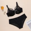 Plus size black mesh bra and panties set, breathable ultra-thin push up lingerie for women - 75D / Top And Bottom / Black