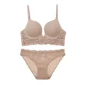 Nude lace push up bra and panties lingerie set with adjustable straps and floral details. - 70B / Top And Bottom / Nude