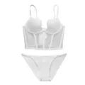 Weißes französisches Korsett-BH- und Höschen-Set, Mesh-Einsatz, dünne Damen-Wäsche. - 70B / Top und Unterteil / Weiß