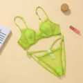 Neon green lace lingerie set French style bralette and thong sexy breathable underwear - 70B / Top And Bottom / Mustard Green