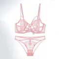 French women lace sheer bra and panties set sexy lingerie breathable pink underwear - 70B / Top And Bottom / Pink