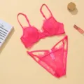 Hot pink lace lingerie set for women, sexy sheer bra and matching thong panty underwear. - 70B / Top And Bottom / Rose Red