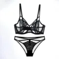 French women black lace bra and panty set sexy breathable underwear product sku - 70B / Top And Bottom / Black