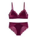 Conjunto de sujetador de terciopelo mujer sin aros copa triangular lencería sexy - S / Parte superior e inferior / Burdeos