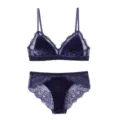 Conjunto de lencería de terciopelo y encaje para mujer, sujetador de triángulo suave sin aros. - Azul Marino