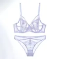 Light purple French lace lingerie set, sheer embroidered bra and matching panty. - 70B / Top And Bottom / Purple