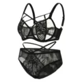 Sexy black lace lingerie set with cross strap bra and matching sheer panties for women. - 75C / Set / Black