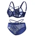 Sexy navy blue lace lingerie set with cross strap bra and matching panties for women. - 95H / Set / Sapphire Blue
