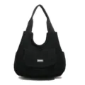 Black corduroy shoulder bag for women, casual daily tote with front pocket and thick strap. - Black