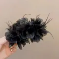 Elegant black feather hair claw clip fluffy organza flower shark clip for styling - Black Feather