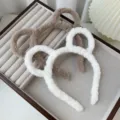 Autumn winter cute fluffy bear ear headband plush soft hair hoop for women makeup wash face - Brown & White