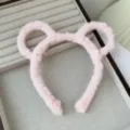 Pink fluffy cartoon bear ear headband cute plush furry hair hoop for washing face daily. - Pink