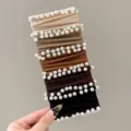Wide pearl hair ties set, high elasticity seamless scrunchies, gradient brown and black variants. - 5 Pieces/Pack / Autumn Coffee