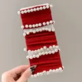 Korean style red wide hair ties with faux pearls, high elasticity elastic hair bands set for women. - 3 Pieces/Pack / Vintage Red