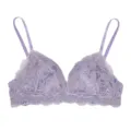 Sujetador de encaje y satén lavanda sin aros, lencería femenina cómoda con diseño floral. - Lavanda