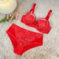 Ensemble soutien-gorge et culotte en dentelle rouge, lingerie grande taille bonnet plein. - 90K / Haut et Bas / Rouge