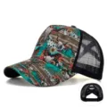 Women Western Cross Ponytail Trucker Hat Retro Skull Sunflower Print Mesh Baseball Cap - Adult (Adjustable Circumference 58cm) / Bull Skull Sunflower