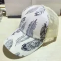 Women Black and White Feather Print Mesh Trucker Hat Casual Outdoor Sports Baseball Cap - Adult (Adjustable Circumference 58cm) / Feather