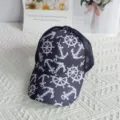 Women trucker hat mesh baseball cap with stylish white anchor and ship wheel nautical print. - Adult (Adjustable Circumference 58cm) / Anchor