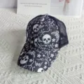 Black and white skull butterfly print trucker hat, breathable mesh back baseball cap for women. - Adult (Adjustable Circumference 58cm) / Black Skull