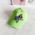 Green rhinestone butterfly baseball cap with sparkling gems, stylish casual sun visor hat. - One Size / Fluorescent Green