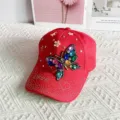 Fashion rhinestone butterfly baseball cap for women, stylish sun hat for outdoor leisure and travel. - One Size / Red