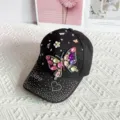 Women rhinestone butterfly baseball cap fashion casual outdoor sun protection black hat - One Size / Black