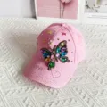 Pink rhinestone butterfly baseball cap for women, stylish sun protection outdoor sports hat. - One Size / Pink