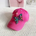 Hot pink rhinestone butterfly baseball cap, detailed crystal bling sun hat for women. - One Size / Rose Red