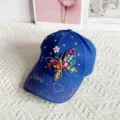 Blue rhinestone butterfly baseball cap for women, stylish outdoor sun protection hat. - One Size / Blue
