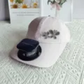 Pink baseball cap with rhinestone butterfly, solar fan and extended brim for summer. - Adult Adjustable / Pink