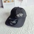 Rhinestone butterfly black baseball cap detail featuring integrated solar powered cooling fan brim. - Adult Adjustable / Black
