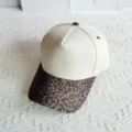 Leopard print brim and beige crown detail of the stylish cotton baseball cap closeup view. - Beige + Small Leopard / 54-59cm Adjustable