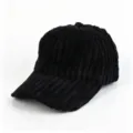 Black corduroy baseball cap detail view, textured fabric, curved brim casual hat. - Adult, 56cm Adjustable / Black