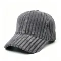 Grey corduroy baseball cap detail view, winter warm textured trucker hat for men and women. - Adult, 56cm Adjustable / Dark Gray