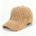 Solid color thick corduroy curved brim baseball cap, winter warm outdoor casual fashion hat. - Adult, 56cm Adjustable / Khaki