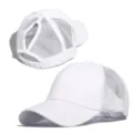 White women ponytail baseball cap with breathable mesh back and open design for high hair. - Adult Size (58cm Adjustable) / White