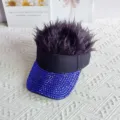 Rhinestone wig sun visor hat sparkling blue crystal hollow top baseball cap street style. - Adjustable Type / Blue Rhinestone Black Wig