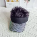 Rhinestone wig baseball cap detail shot, creative street hip-hop sun visor hat for party. - Adjustable Type / AB White Rhinestone Black Wig