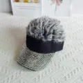 Close-up detail of the funny novelty wig baseball cap with sparkling rhinestones and grey hair. - Adjustable Type / Silver Rhinestone Gray Wig