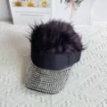 Fashion rhinestone wig visor cap trendy personality sun hat streetwear hip hop party hat - Adjustable Type / Silver Rhinestone Black Wig