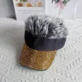 Novelty fake hair visor hat with sparkling gold rhinestones, stylish streetwear sun cap. - Adjustable Type / Yellow Rhinestone Gray Wig